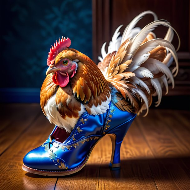 Foto de una gallina en zapatos azules