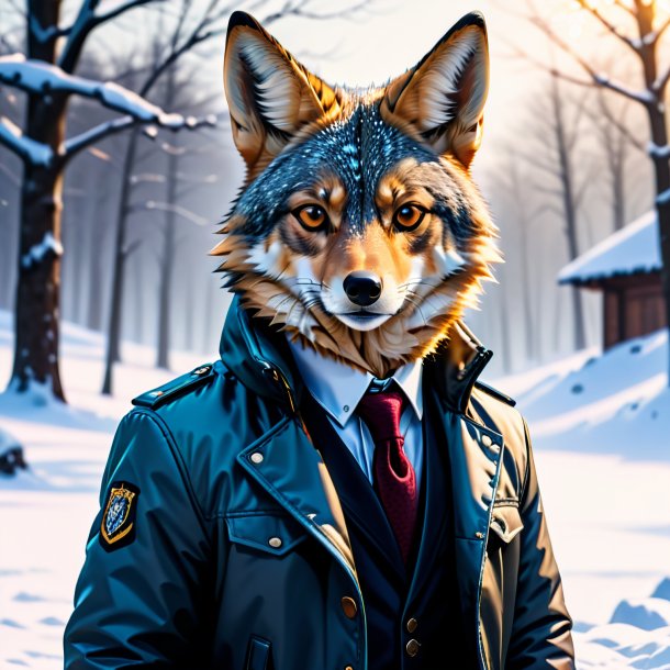 Photo of a jackal in a jacket in the snow