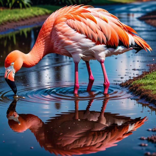 Foto de un flamenco en un suéter en el charco