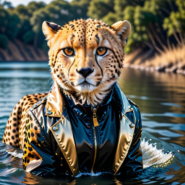 Foto de un guepardo en una chaqueta en el agua