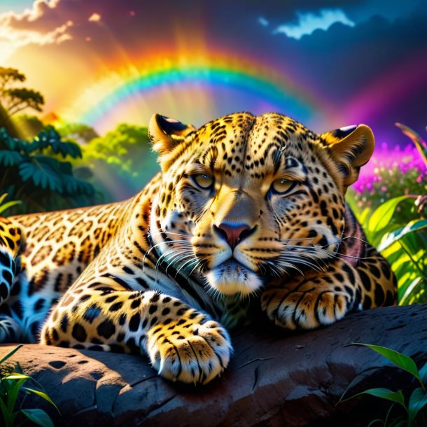 Photo of a sleeping of a leopard on the rainbow