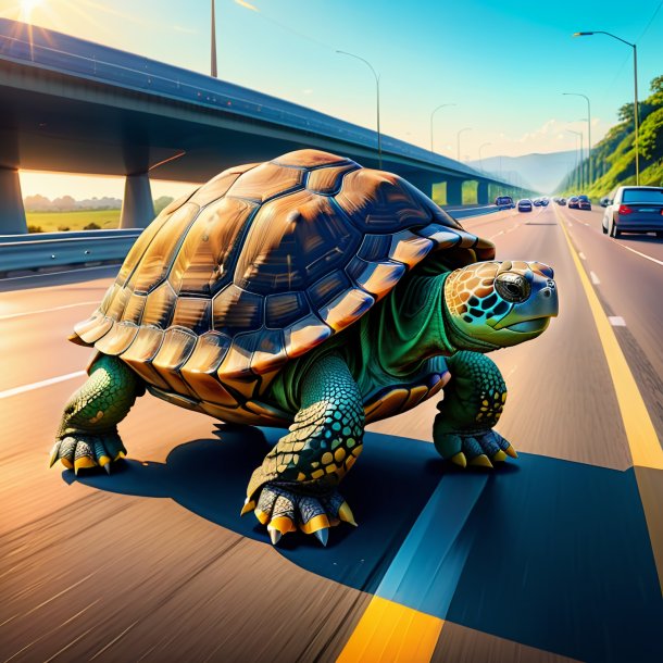 Drawing of a tortoise in a shoes on the highway