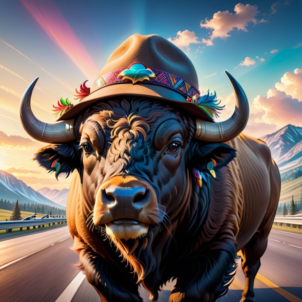 Ilustración de un búfalo en un sombrero en la carretera