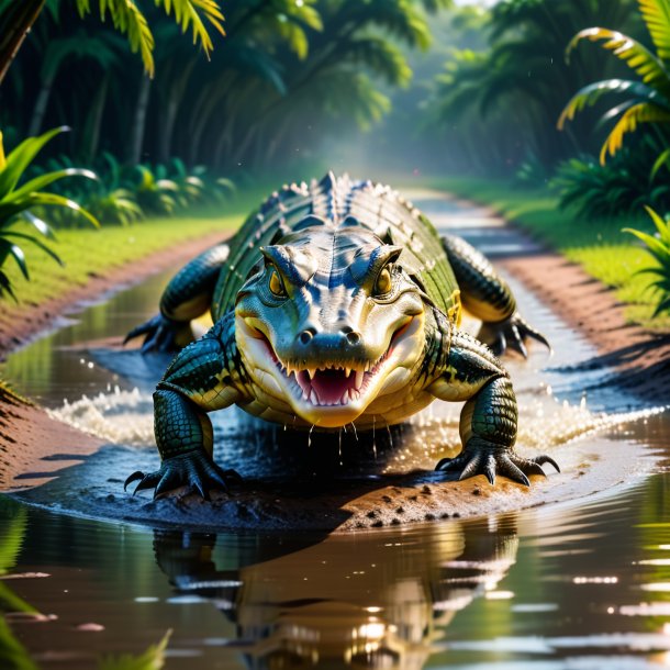 Picture of a jumping of a crocodile in the puddle