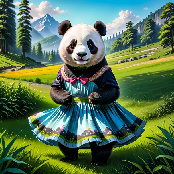 Drawing of a giant panda in a skirt in the meadow