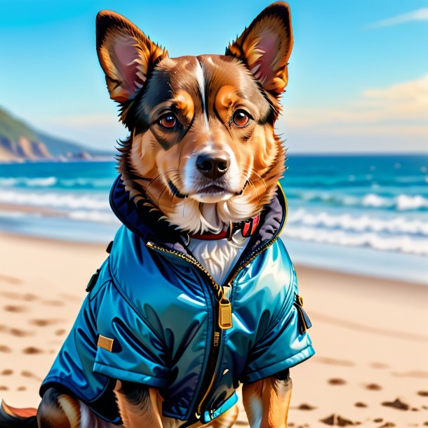 Illustration of a dog in a jacket on the beach