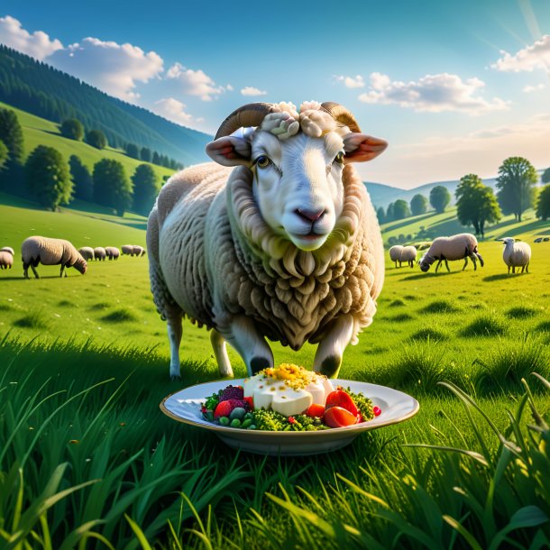 Photo of a eating of a sheep in the meadow