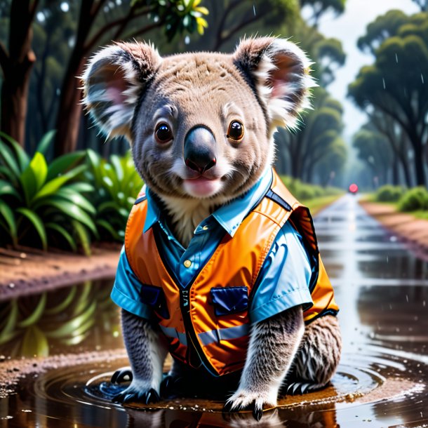 Image of a koala in a vest in the puddle