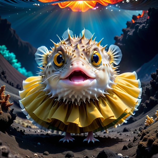 Image of a pufferfish in a skirt in the volcano