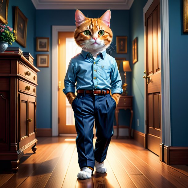 Illustration of a cat in a trousers in the house