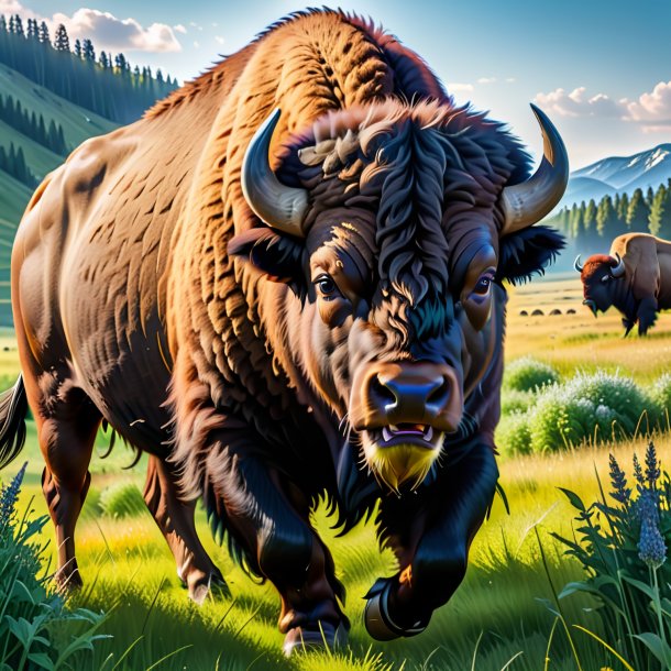 Photo of a threatening of a bison in the meadow