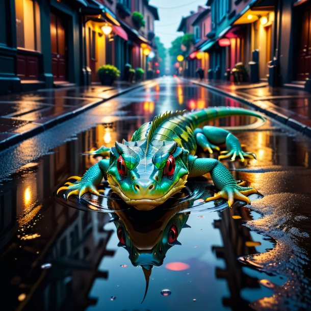 Photo of a waiting of a basilisk in the puddle