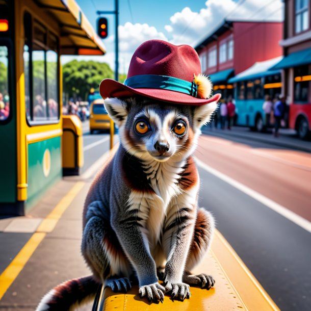 Foto de um lêmur em um chapéu no ponto de ônibus