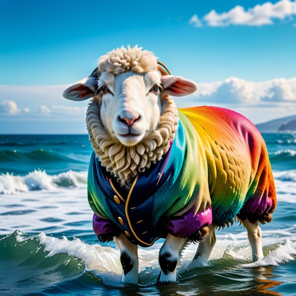 Photo of a sheep in a coat in the sea