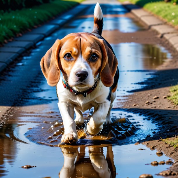 Pic of a playing of a beagle in the puddle