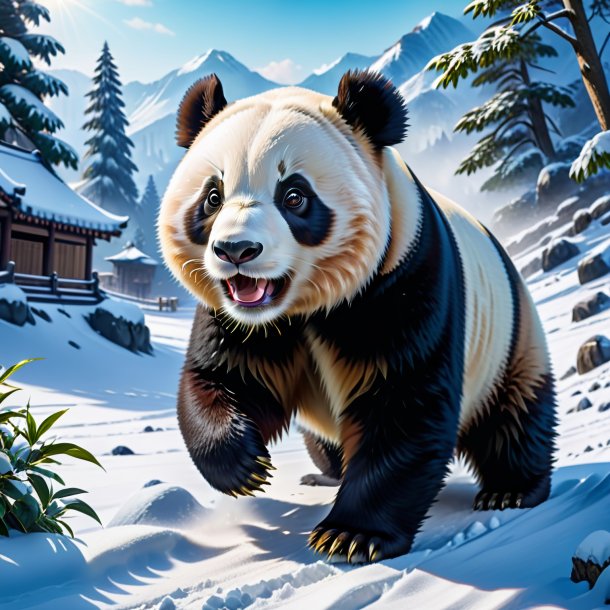 Photo of a playing of a giant panda in the snow