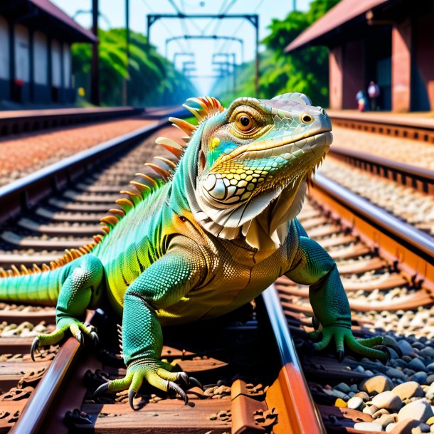 Pic of a iguana in a belt on the railway tracks