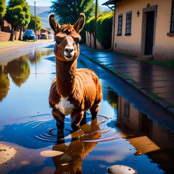 Picture of a waiting of a llama in the puddle