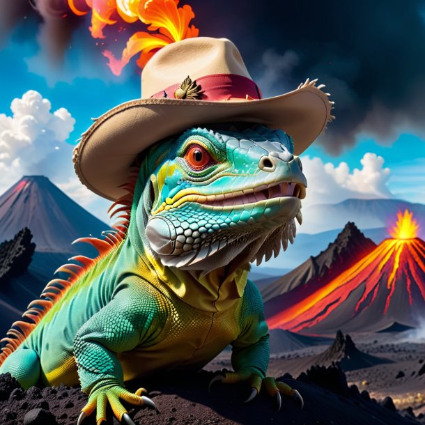 Imagen de una iguana en un sombrero en el volcán