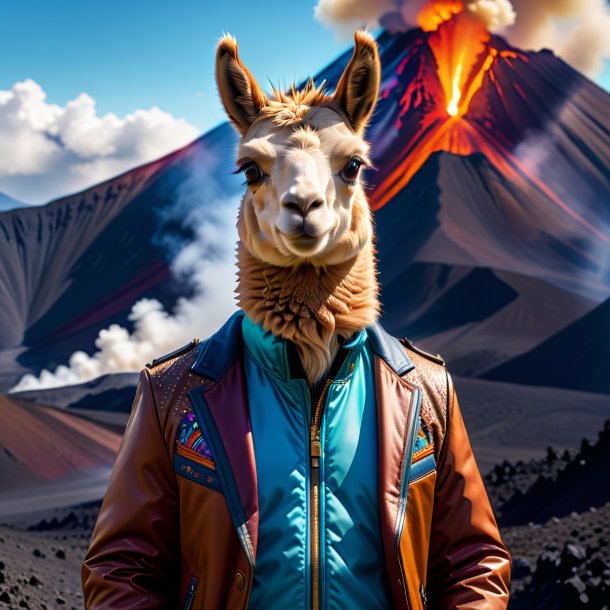 Foto de una llama en una chaqueta en el volcán