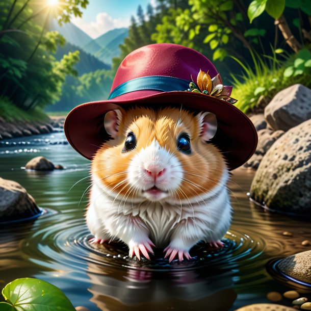 Drawing of a hamster in a hat in the river