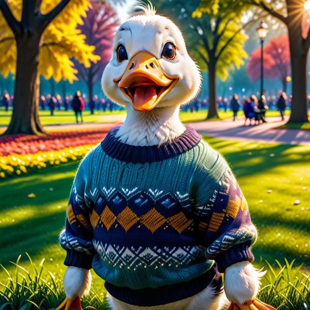 Photo of a duck in a sweater in the park