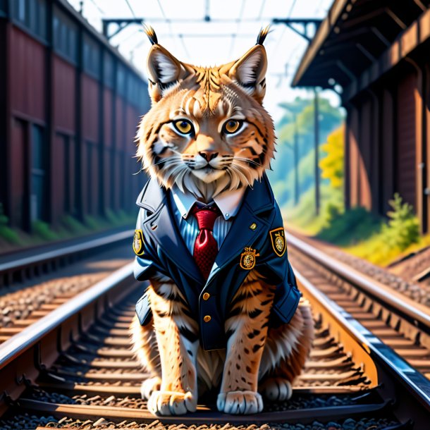 Foto de um lince em uma jaqueta nos trilhos ferroviários