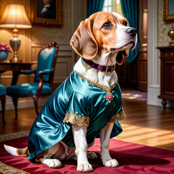 Illustration of a beagle in a dress in the house