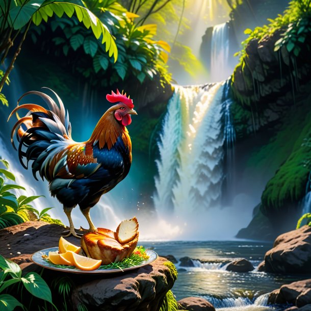 Foto de una comida de una gallina en la cascada