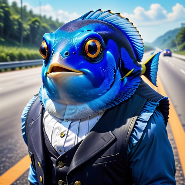 Illustration of a blue tang in a vest on the highway