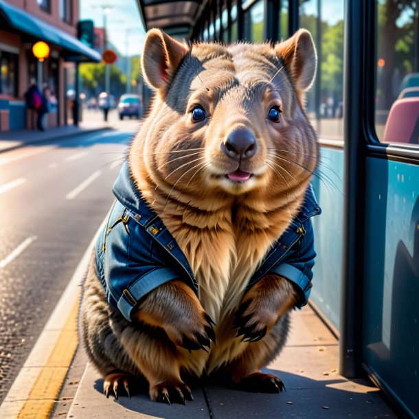 Foto de um wombat em um jeans no ponto de ônibus