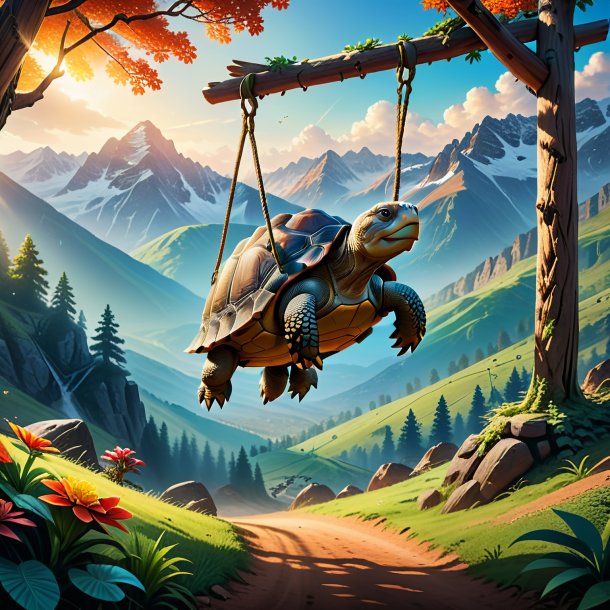 Picture of a swinging on a swing of a tortoise in the mountains