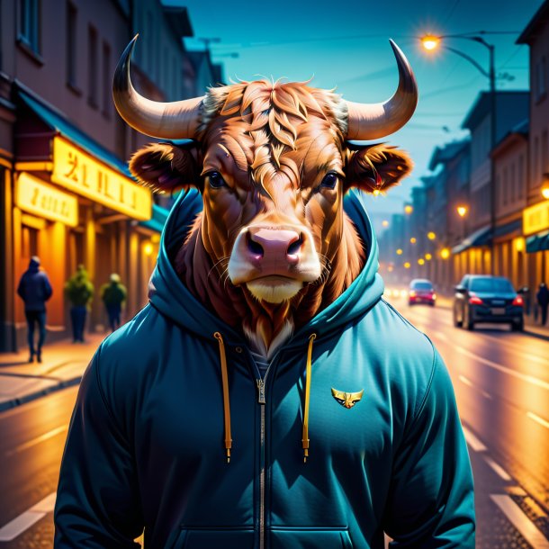 Picture of a bull in a hoodie on the road