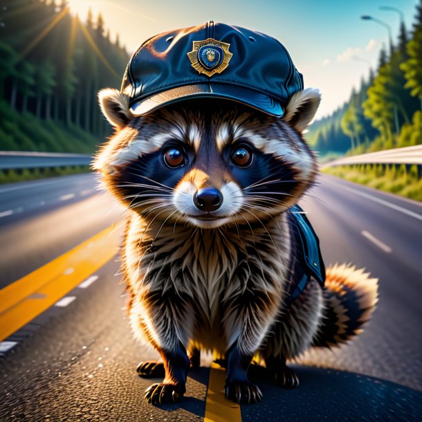 Image of a raccoon in a cap on the highway