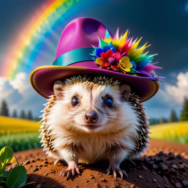 Pic of a hedgehog in a hat on the rainbow