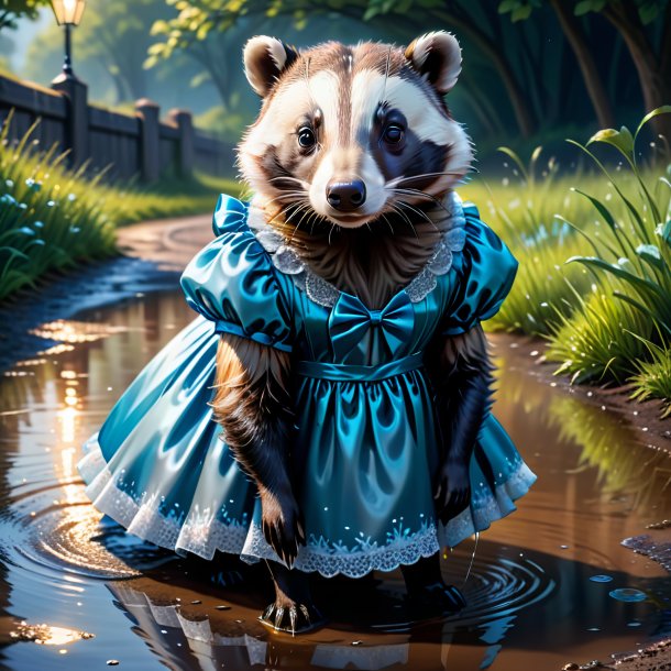 Illustration of a badger in a dress in the puddle