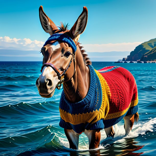 Image of a mule in a sweater in the sea