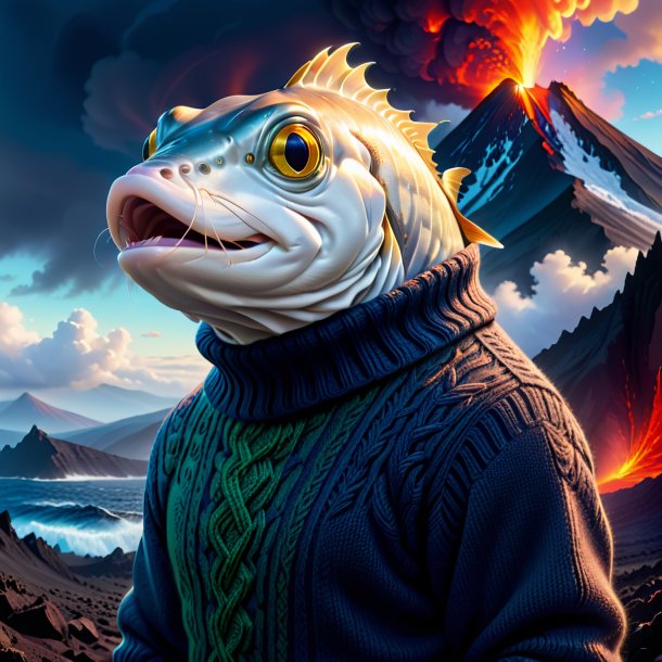 Illustration of a haddock in a sweater in the volcano