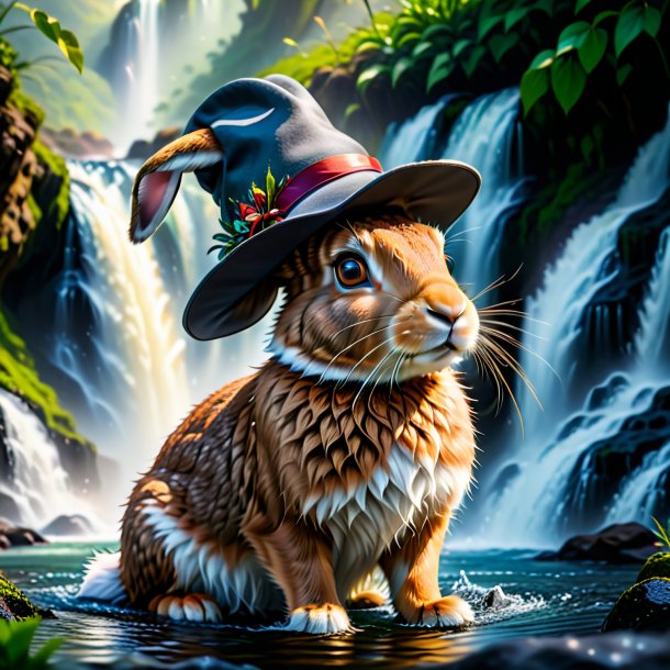 Image of a hare in a hat in the waterfall