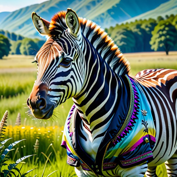 Image of a zebra in a jacket in the meadow