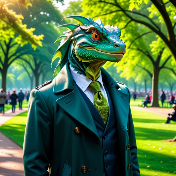 Photo of a basilisk in a coat in the park