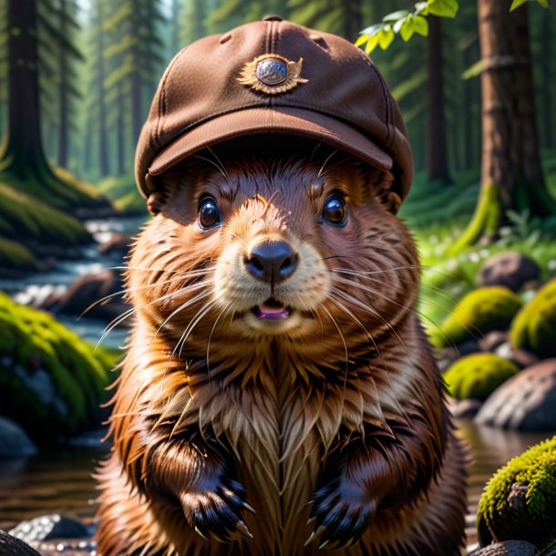 Picture of a beaver in a brown cap