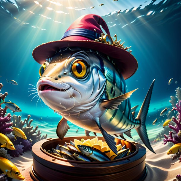 Picture of a sardines in a hat in the sea