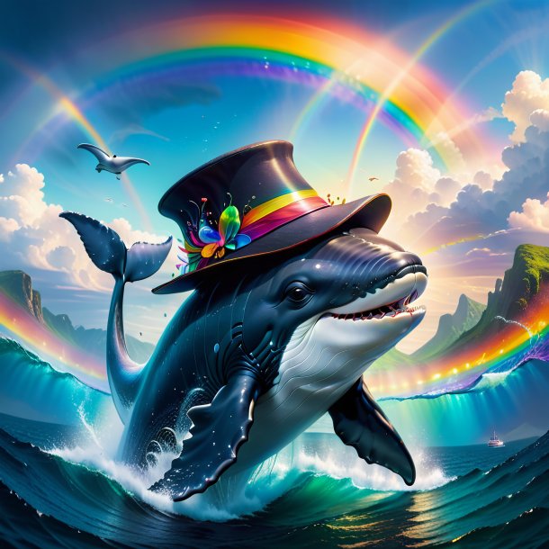 Imagen de una ballena en un sombrero en el arco iris