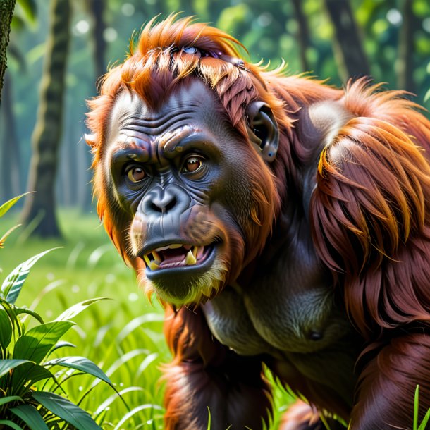 Picture of a angry of a orangutan in the meadow