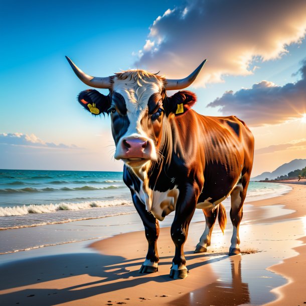 Photo of a angry of a cow on the beach