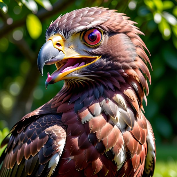 Image of a maroon smiling hawk