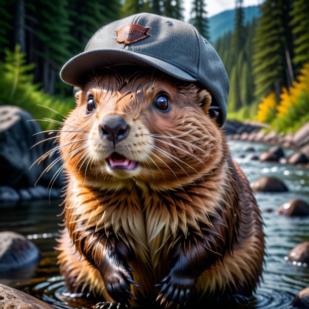 Photo of a beaver in a gray cap