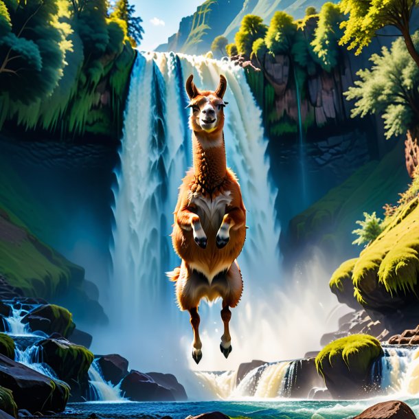 Image of a jumping of a llama in the waterfall