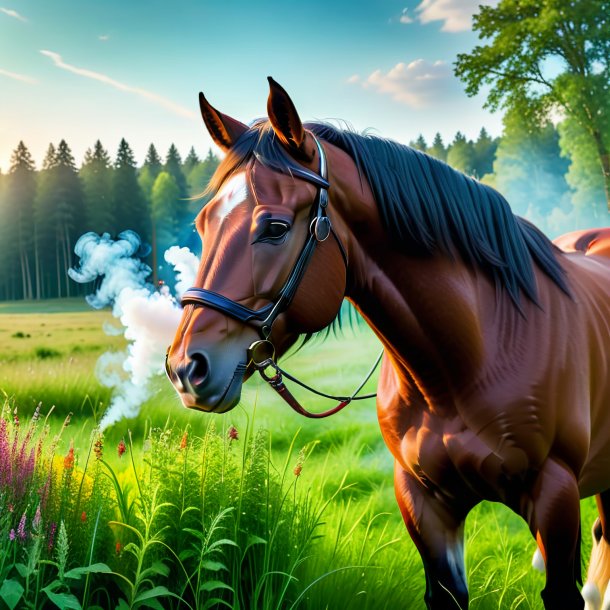 Image of a smoking of a horse in the meadow